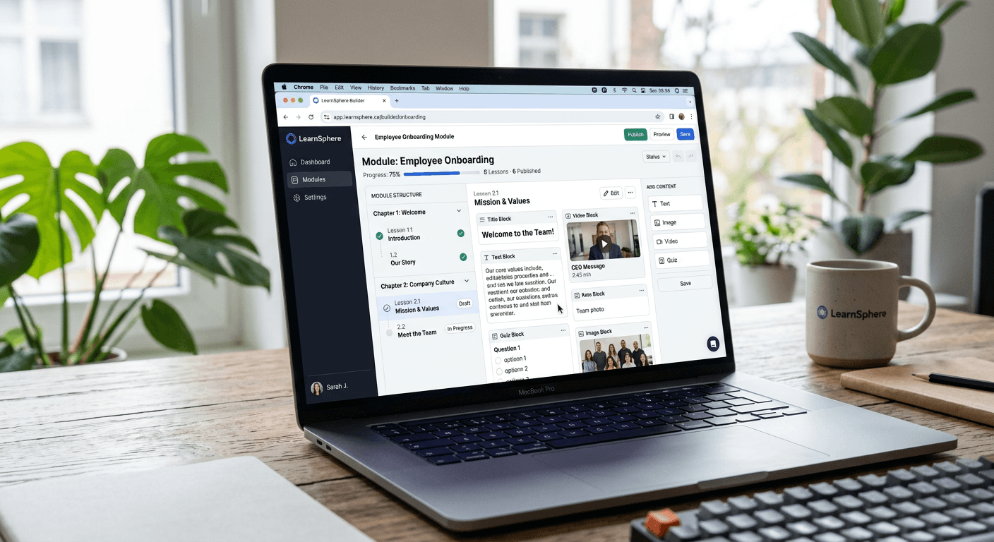 A training module builder interface displayed on a laptop screen.