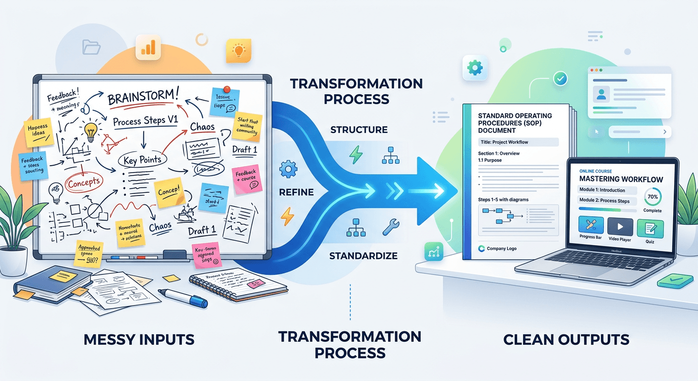 Messy whiteboard notes transformed into polished SOP and course outputs.