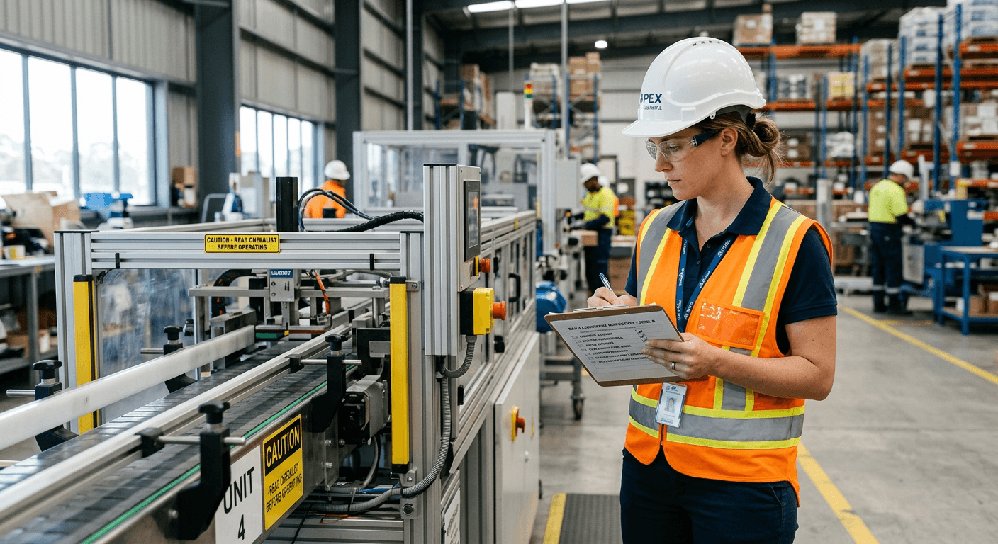 A worker reviewing a safety checklist in an industrial environment.